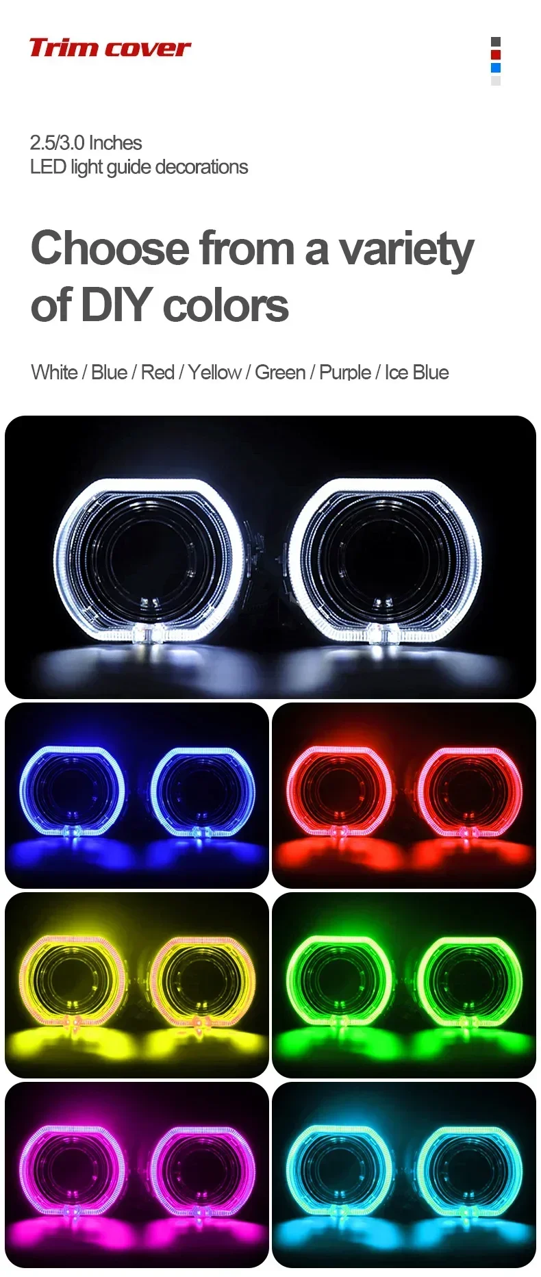 DRL Angel Eye Decorative Shrouds White Yellow RGB APP Control For 2.5 Inches and 3 Inches HID LED Projector Lenses Signal Light