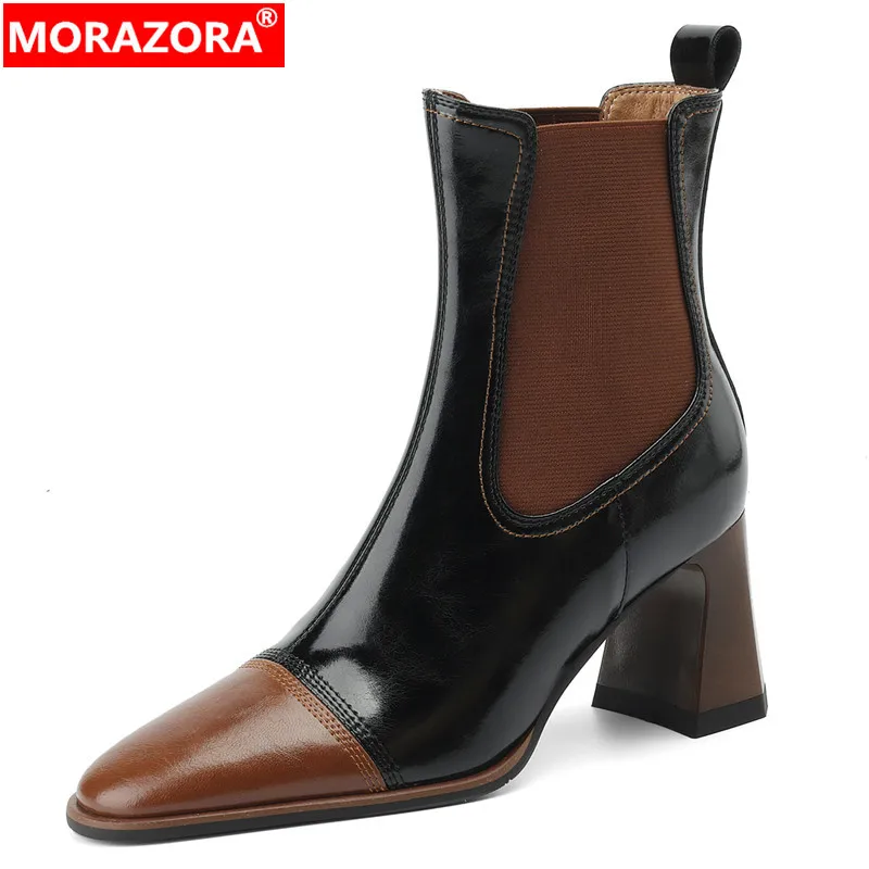 

MORAZORA 2024 New Genuine Leather Mixed Colors Winter Boots Square High Heels Ankle Boots Elegant Female Slip On Chelsea Boots