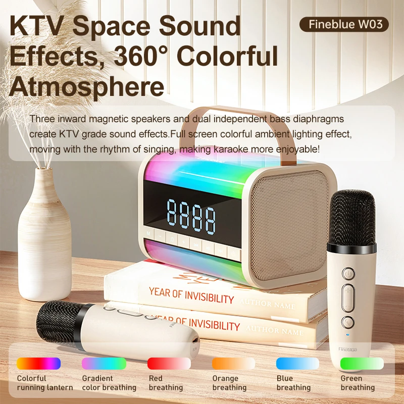 Fineblue W03 Bluetooth Karaoke Speaker with Microphones Portable Phone Karaoke Home/Camp KTV HIFI Stereo RGB Colorful LED Party