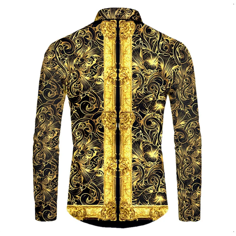 thumbnail image 1 of Camisas de manga corta con botones y estampado 3D de lujo de alta gama con patrón dorado para hombres, blusas de estilo callejero de moda, atuendos de hip hop, 1 of 5