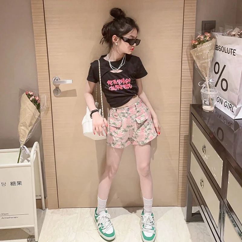 

Girls Summer Clothes Suit Jacquard denim shorts suit Junior Girl Clothing Korean Children's Clothing 2023 Spring 4-16Years Old