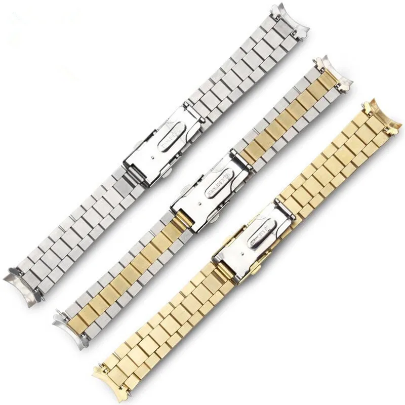 Elegant Silver & Gold Two-Tone Curved End Stainless Steel Watchband with Solid Links
