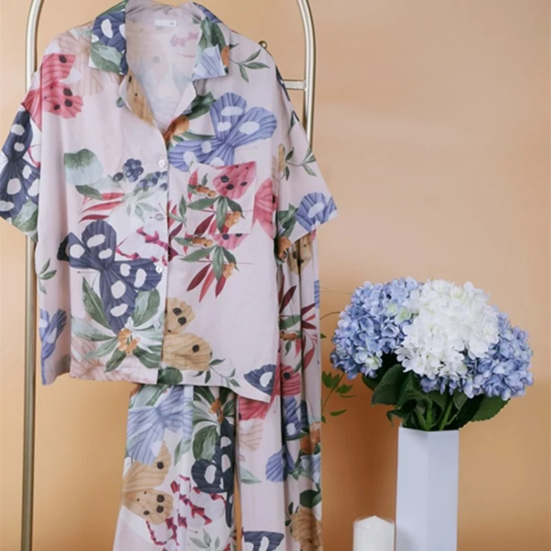 

Viscose Pajamas for Women Floral Butterfly Pyjama Set Summer Thin Pijama Mujer Sleepwear Women's 2 Piece Set DropShipping
