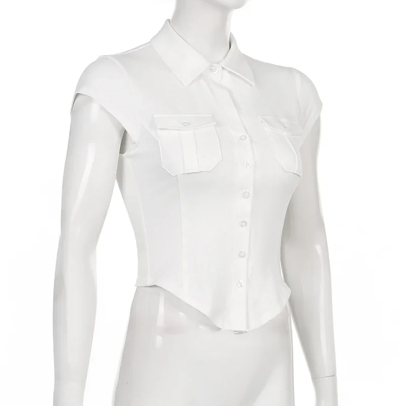 Description Picture 5 of itemKorean Style Turn-down Collar Crop Tops For Women 2025 Summer Slim White T Shirts Woman Buttons Tees Short Sleeve Tshirt Mujer
