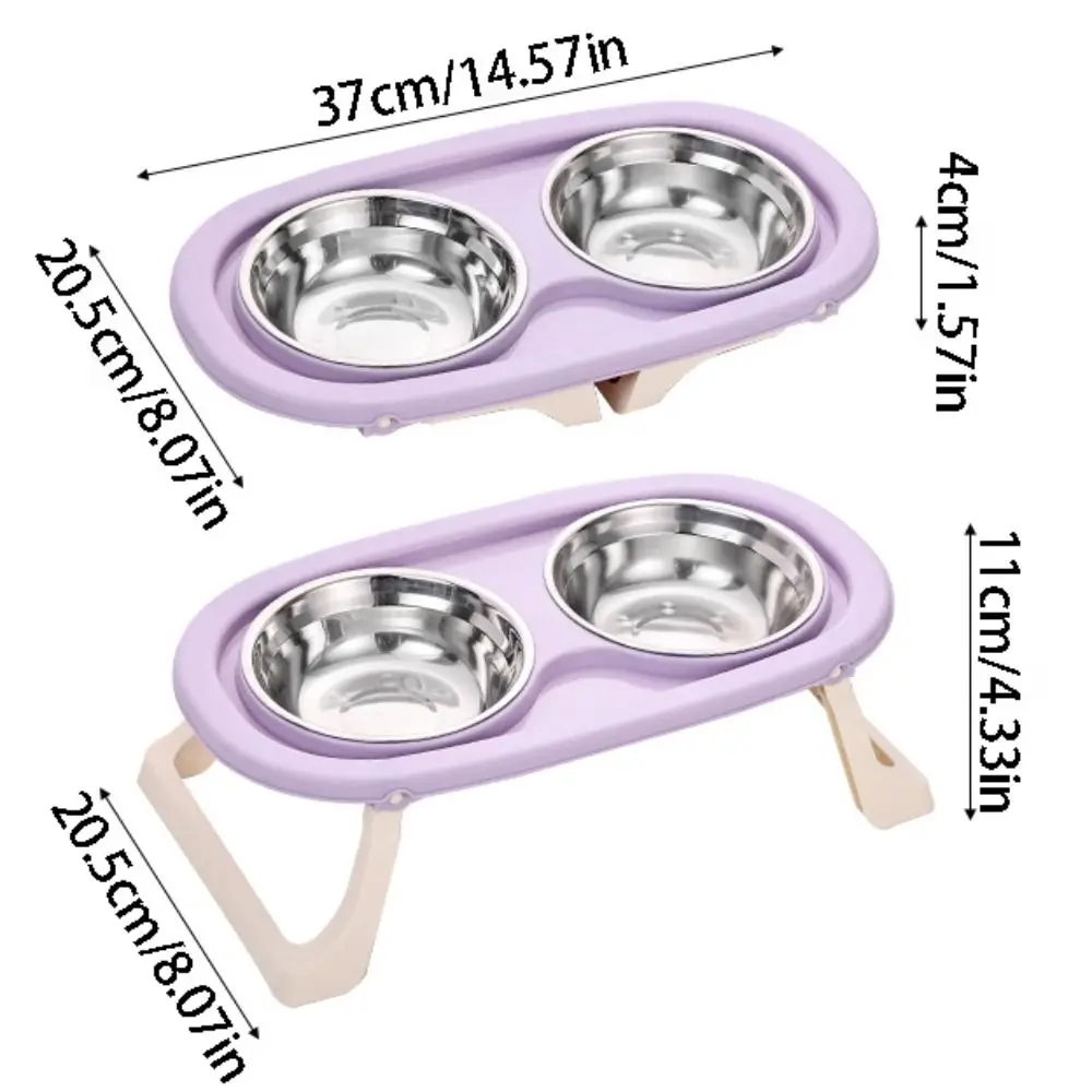 Double Bowls Pet High Footed Bowl Anti-flip Detachable Cat Food Water Bowl Anti-vomiting with Foldable Stand