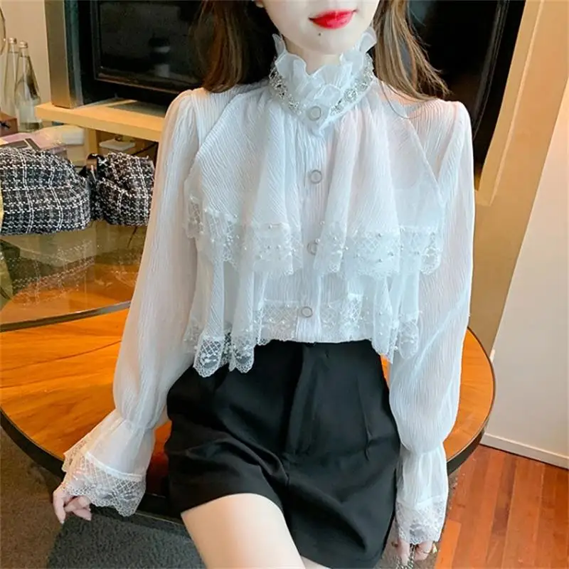 Fashion Womens Fairy Tops Medieval Victorian Blouses Beading Stand Collar Office Chiffon Blouse Shirt Long Sleeve Princess Tops