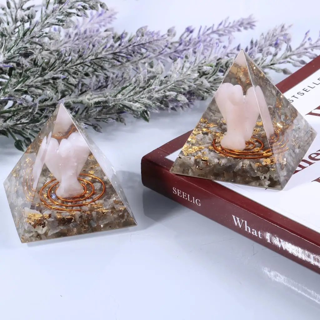 Healing Crystal Tumbled Stones Orgonite Pyramid With Rose Quartz Guardian Angel For Balancing Chakra Reiki Generator Home Decor