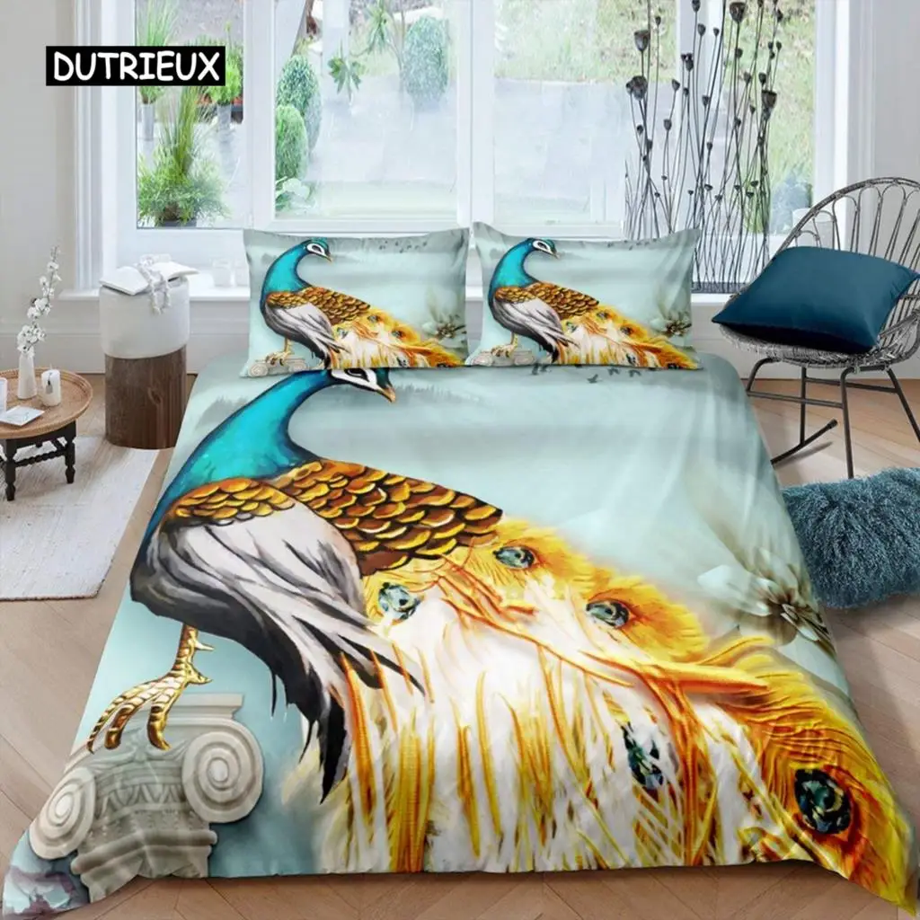 Duvet Cover Peacock Exotic Birds Animals Quilt Cover Polyester Feather Butterfly Flowers Bedding Set King for Girls Teen Room