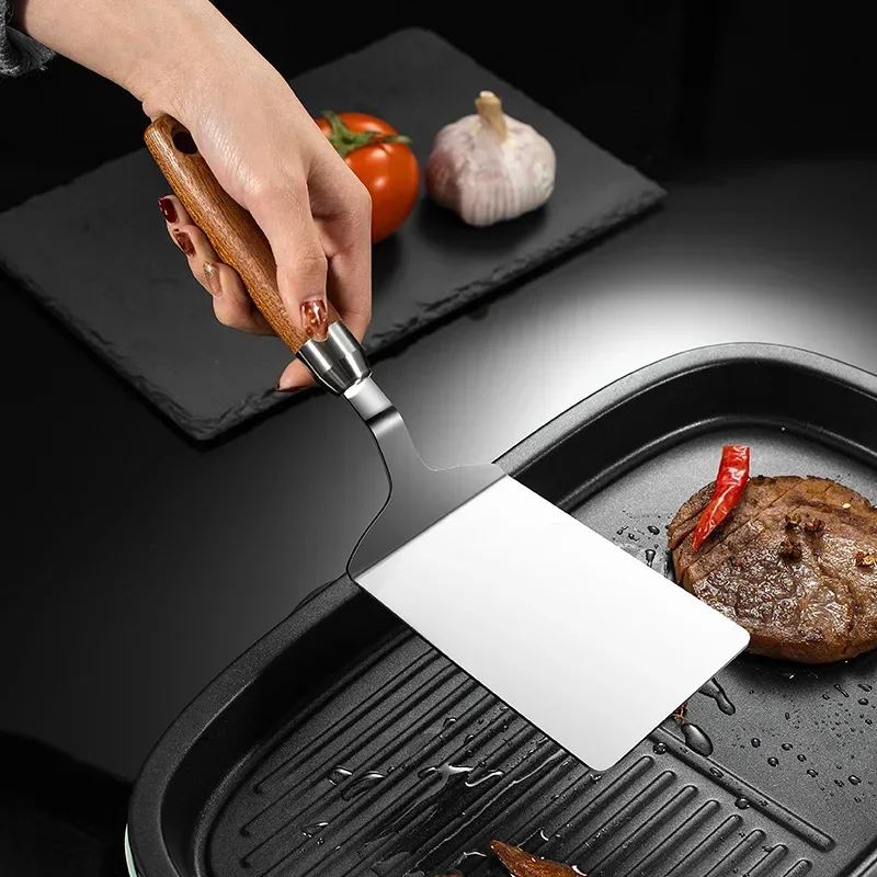 Steak Spatula Stainless Steel Square Head Cooking Spatula Wood Handle BBQ Utensils