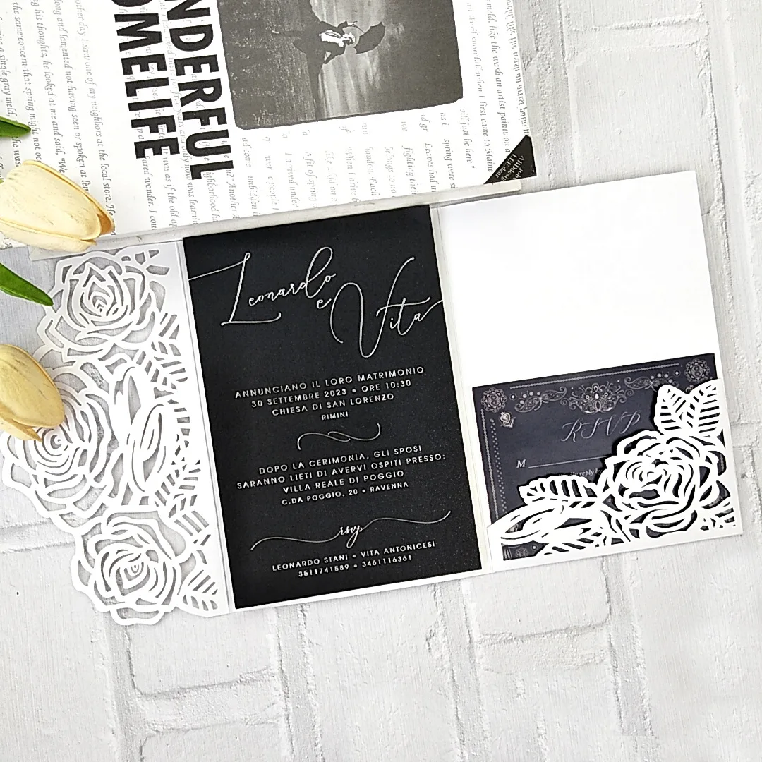 Forest Green Laser Cut Wedding Invitations DIY Kit Printable Tri-fold Floral XV Birthday Shower RSVP Card 10 pieces/lot