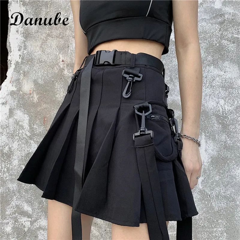 

Japanese Style JK Pleated Skirt Women Summer Harajuku Punk Gothic Black Grunge High Waist Mini Cargo Skirts Female Egirl Uniform