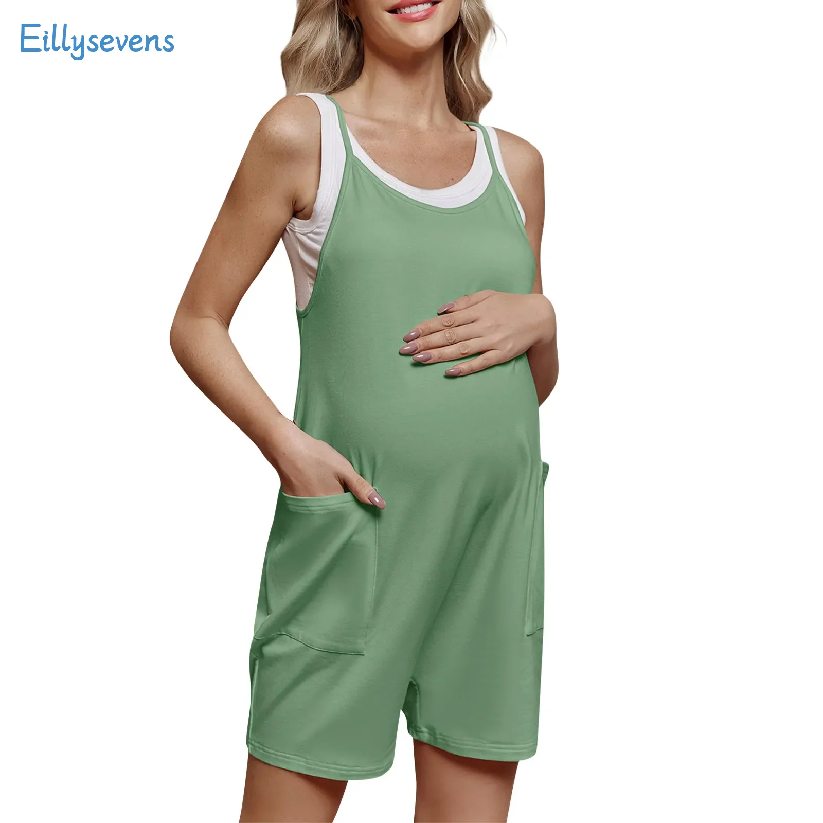 Pantaloncini Premaman Tute Moda Casual Spaghetti Strap Tute Tinta Unita Con Tasche Tute Morbide E Comode Dritte