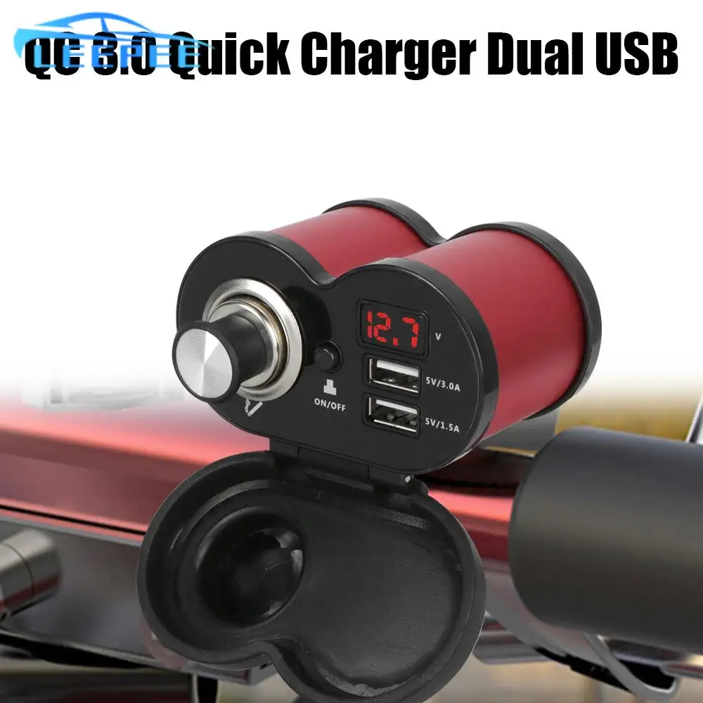

Motorcycle Handlebar Charger Dual USB Port Cigarette Lighter Socket QC 3.0 Waterproof Dustproof Digital Voltmeter Adapter