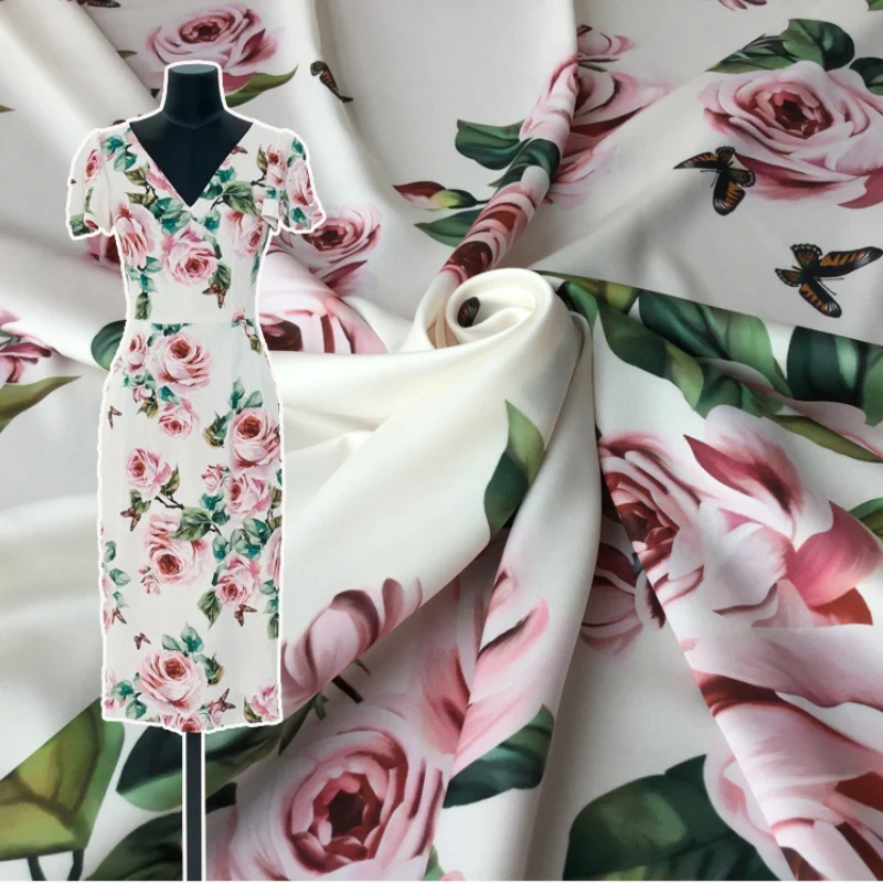 

100% полиэстер, итальянская Роскошная брендовая модная эластичная атласная ткань с цветочным принтом розы, мягкая ткань для платья