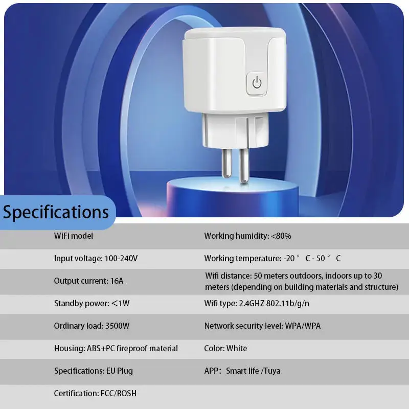 Tuya Smart Socket EU16A/20A Wifi Smart Plug With Power Monitoring Smart Life APP Remote Control Support Google Assistant Alexa 4
