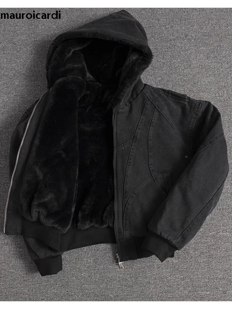 

Mauroicardi осень-зима короткая утолщенная теплая стеганая куртка оверсайз из холста с искусственным мехом внутри с застежкой-молнией с длинным рукавом свободная повседневная толстовка с капюшоном