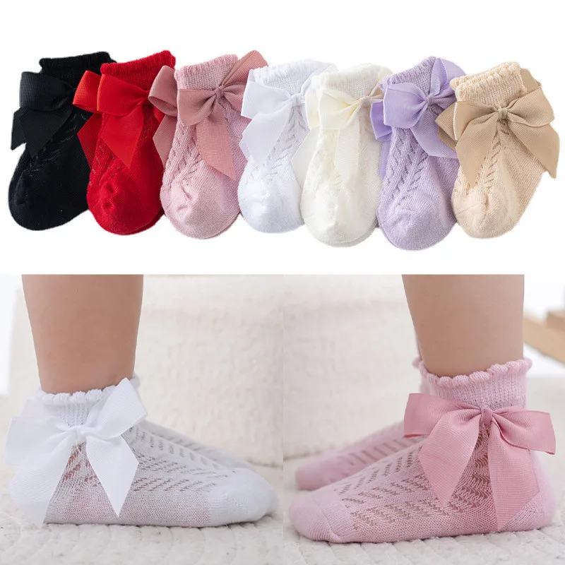 

0-3Years Baby Girls Socks With Big Bows Breathable Children Girl Short Socks Hollow Out Toddlers Kids Cotton Princess Cute Socks