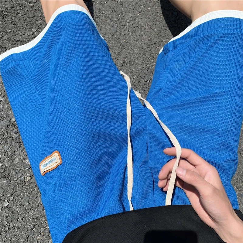 Men Waffle Patchwork Handsome Sport Shorts Loose Fitness Knee Length Shorts Designer Drawstring Hip Hop Straight Ulzzang Shorts