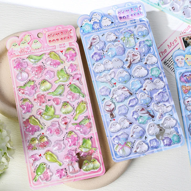 1 pc/4 pcs Cute Cartoon Birds Bear Drop 3D Relief Stickers Journaling DIY Diary Stationery Sticker Decor School Supplies