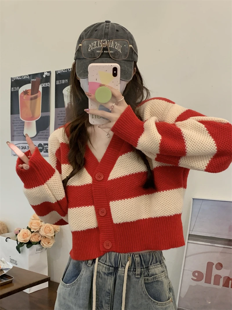 

2023 Ropa Mujer Cropped Cardigan Coat Women's Clothing V-neck Long Sleeve Sueter Pull Femme Fashion Striped Knitted Y2k Sweater