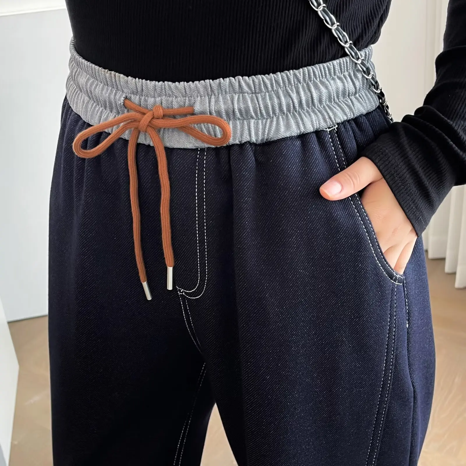 XXXXL Fashion Plus Size Women's Straight Leg Pants Winter Block Color Waist Thickened And Fleece Warm Curved Casual Trousers 887