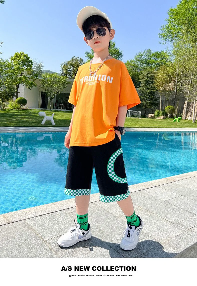 Boys cotton cartoon alphabet T-shirt with plaid shorts 2-piece outfit 124659