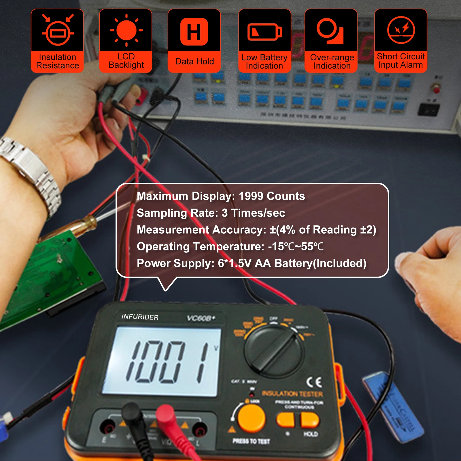 Ohm High Voltage Portable Multimeter DCV ACV Resistance 0-2000M Digital MegOhm Meter Insulation Tester DC 250/500/1000V AC750V