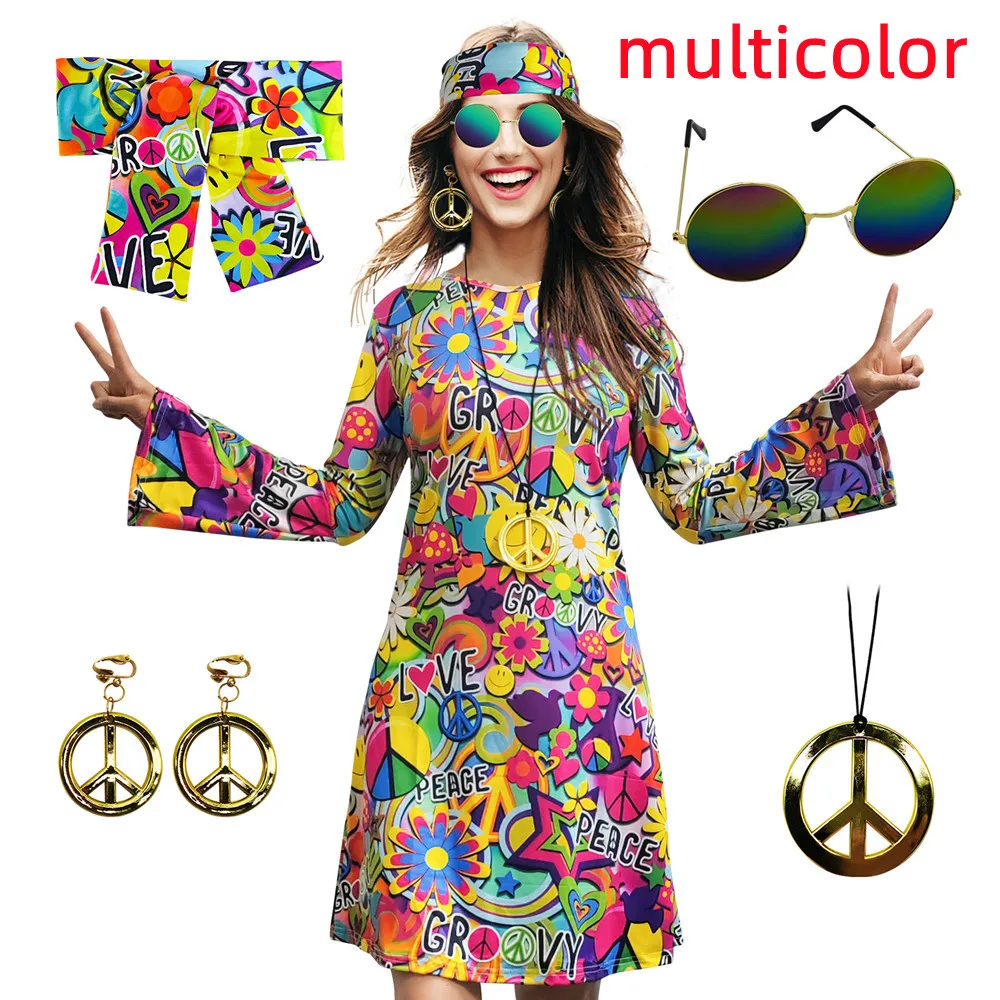 Women's Halloween Floral 1960's 1970's Hippie Costume Dress Women Hippie  Costume Set Halloween Party Disco 70's Dance Costume S - AliExpress