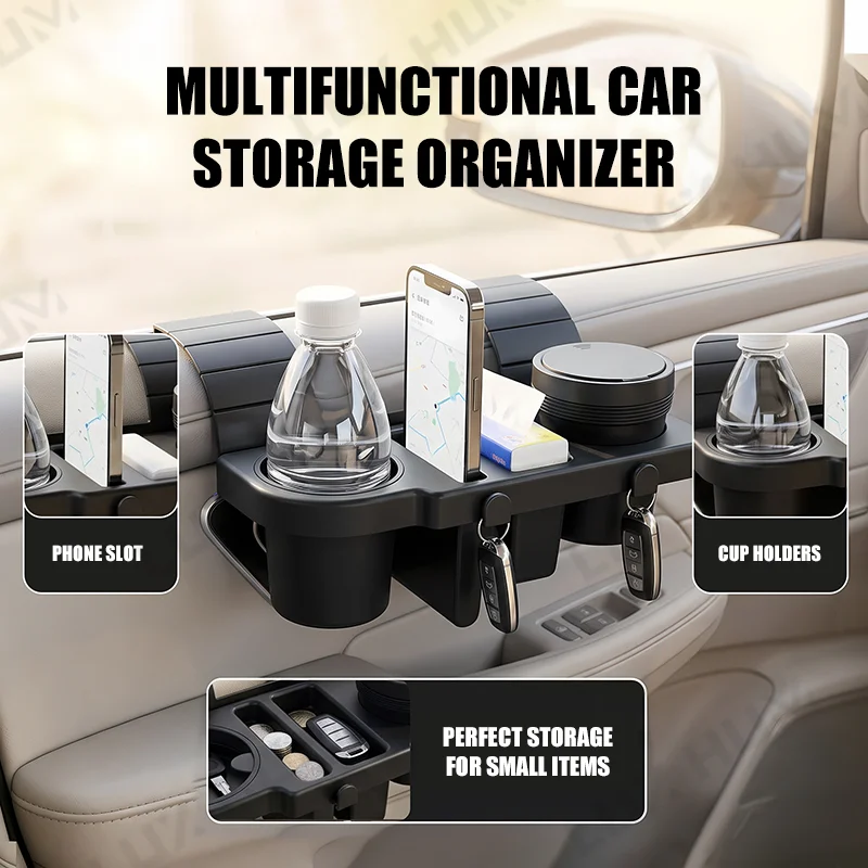 Organizer 3-in-1 per Portiera Auto con Posacenere, Scatola Portaoggetti da Appendere al Finestrino, Slot per Telefono, Portabicchieri, Gancio Portachiavi, Universale per Camion/Auto - immagine 3