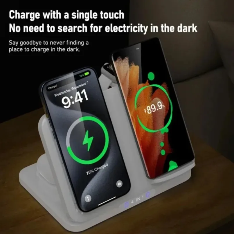 MagSafe 4 In 1 듀얼 폰 무선 충전기 스탠드 iPhone iWatch AirPods용 고속 충전 스테이션 사무실 충전 액세서리