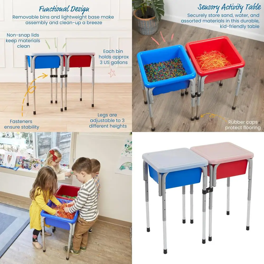 Dual-Station Sand & Water Play Table with Adjustable Sensory Bins in Blue and Red