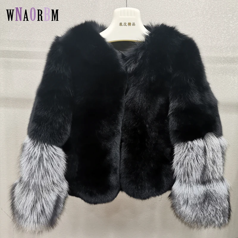 Fox fur jacket Women's full leather winter V-neck warm 100% real fur coat contrast silver fox sleeve European style fashion visi hop vs4024 new arrival women winter warm jacket strip real fox fur coat full sleeve o neck fox coat