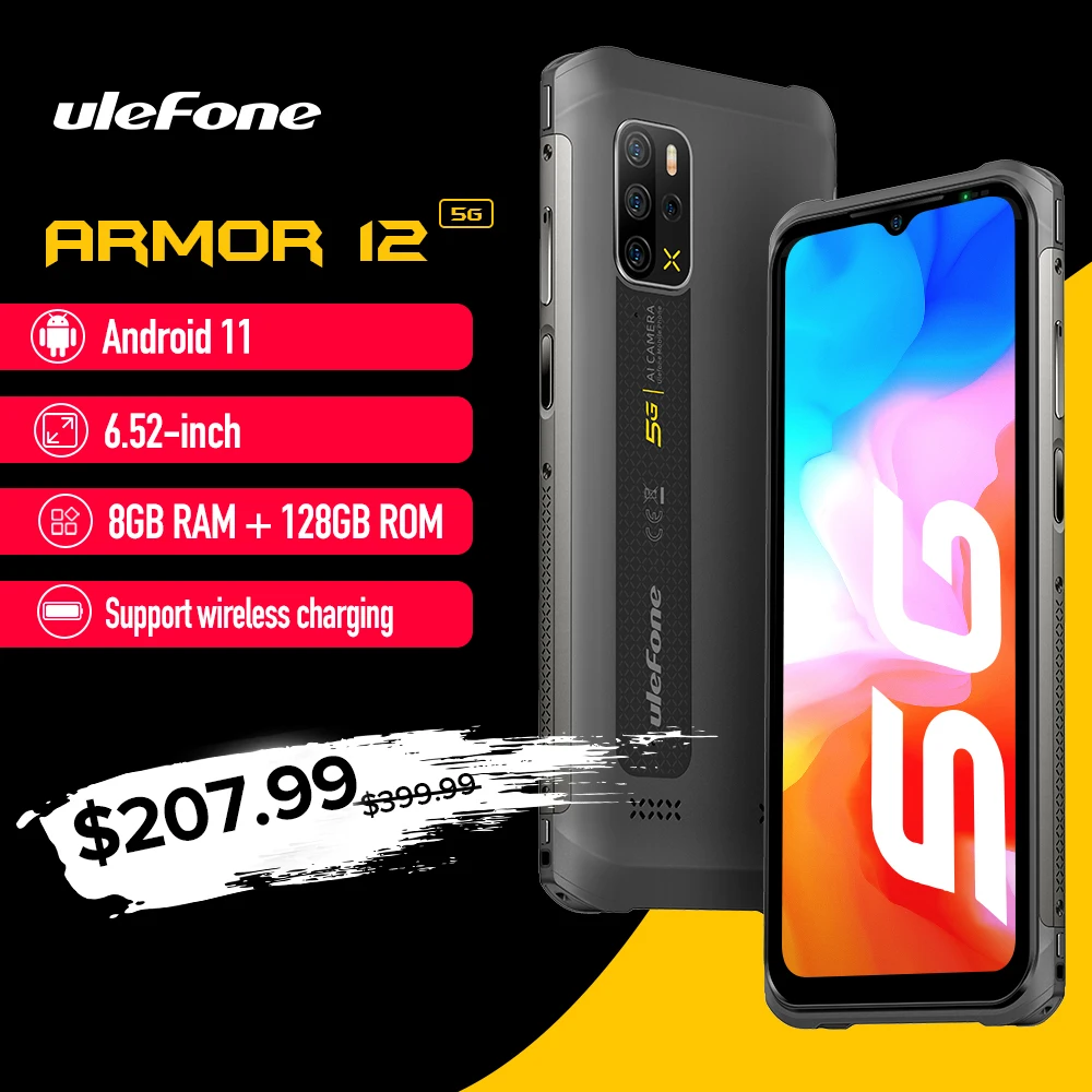 Ulefone Armor 12 5G Rugged Phone Android 11 8Gb + 128Gb Versione Globale 6.52 "Smartphone Impermeabile 5180 Mah Ricarica Wireless Nfc