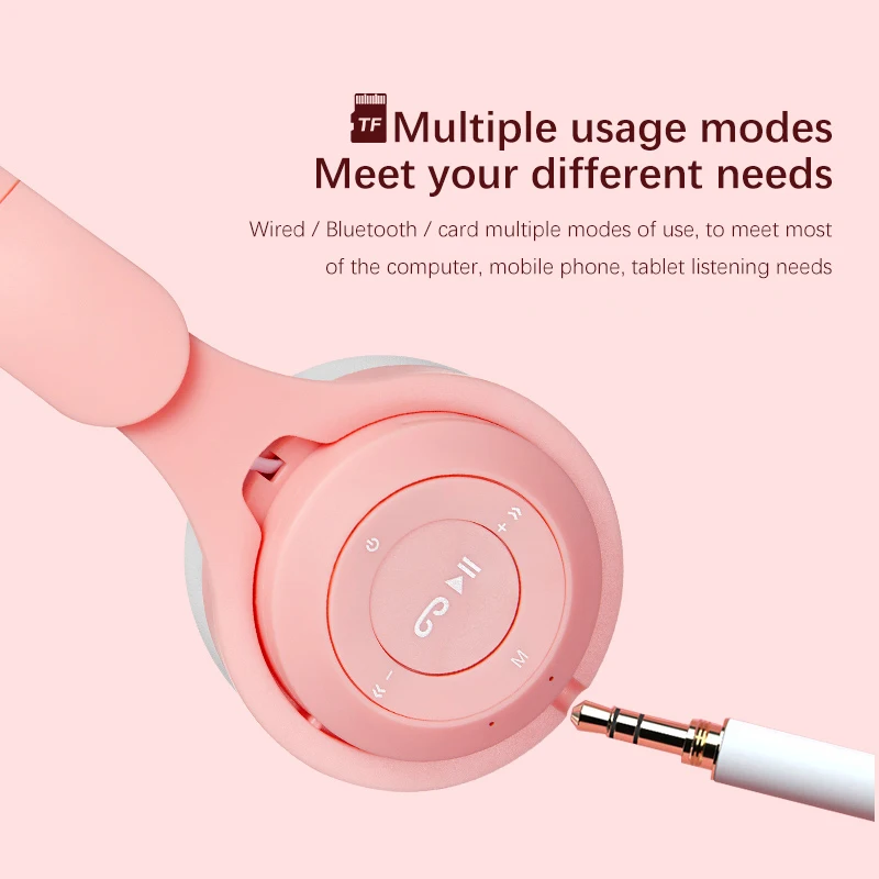 Bluetooth 5.0 Wireless Headphones Cat Ear Stereo Bass Music Earbuds Girl Sports Gaming Headset with Mic for Smartphone Computer
