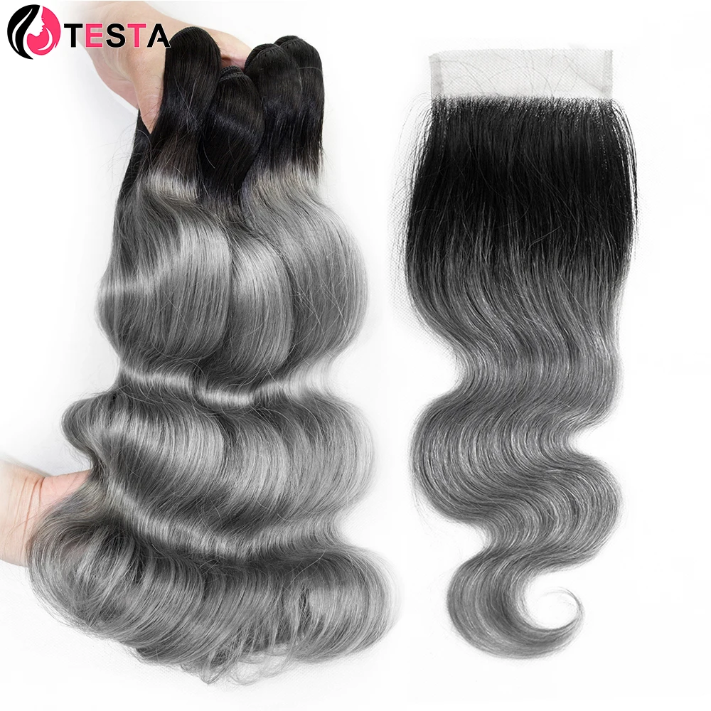 

1B Deep Grey Body Wave Human Hair Bundles With 4x4 Lace Closure Pre-Plucked Indian Remy Hair Extensions 95-100g/Pc Double Weft