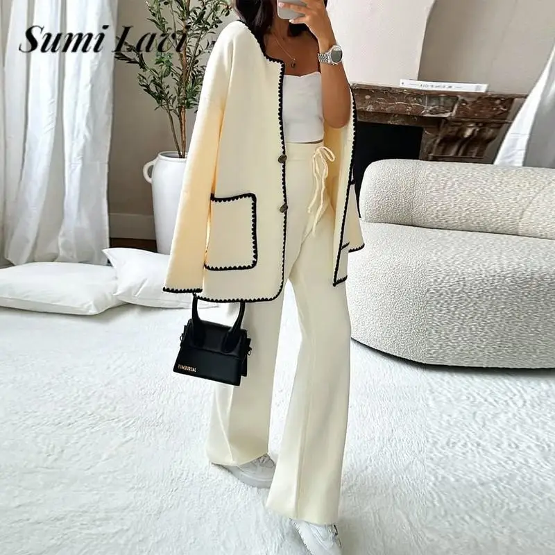 

Contrast Color Warm Ladies Casual Set Fashion O Neck Long Sleeve Pocket Coat and Pants Set Autumn Women Loose Straight Pants Set