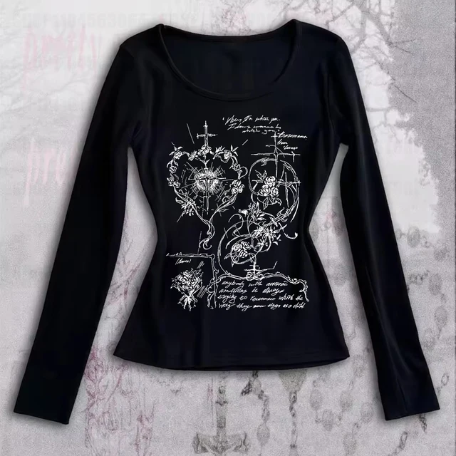 2k Fée Grunge T-Shirts Graphiques pour Femmes E-Girls Goth Côtes Manches Longues Tee Tops Vintage Emo Vêtements 2000s Rétro Streetwear 1