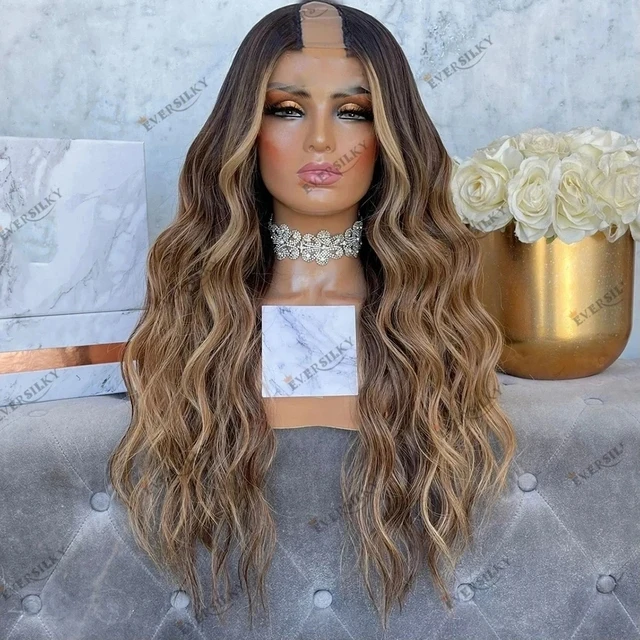 Caramel Brown Body Wave Human Hair Machine Made U Part Wig for Women  Glueless Easy Install Extension Wig with Clips 180 Density