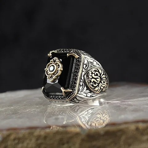 Handmade Turkish Signet Ring for Men Vintage Silver Color Carving Pattern Inlay Green Zircon Party Punk Motor Biker Ring