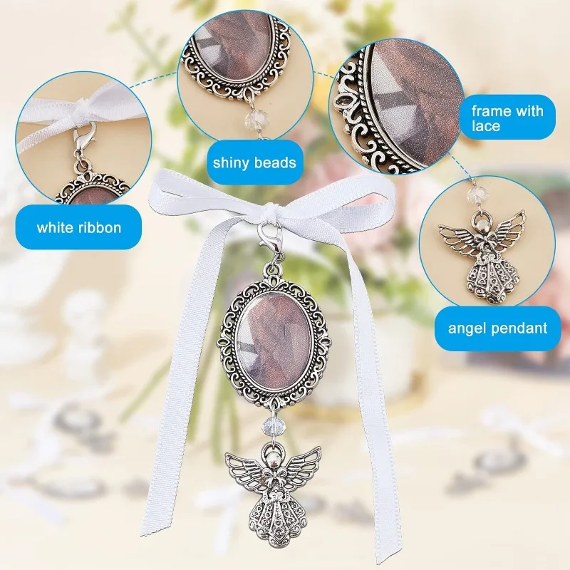 10Pcs Wedding Bouquet Photo Charms Alloy Memorial Angel Photo Charm 95mm Oval Frame Bridal Charm Angel Wing Charms