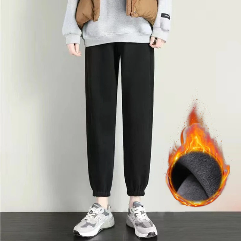 Autumn Winter Lamb Harem Pants Women Solid Colors High Waist Plus Velvet Sweatpants Korean Big Size Baggy Ankle-Length Pants