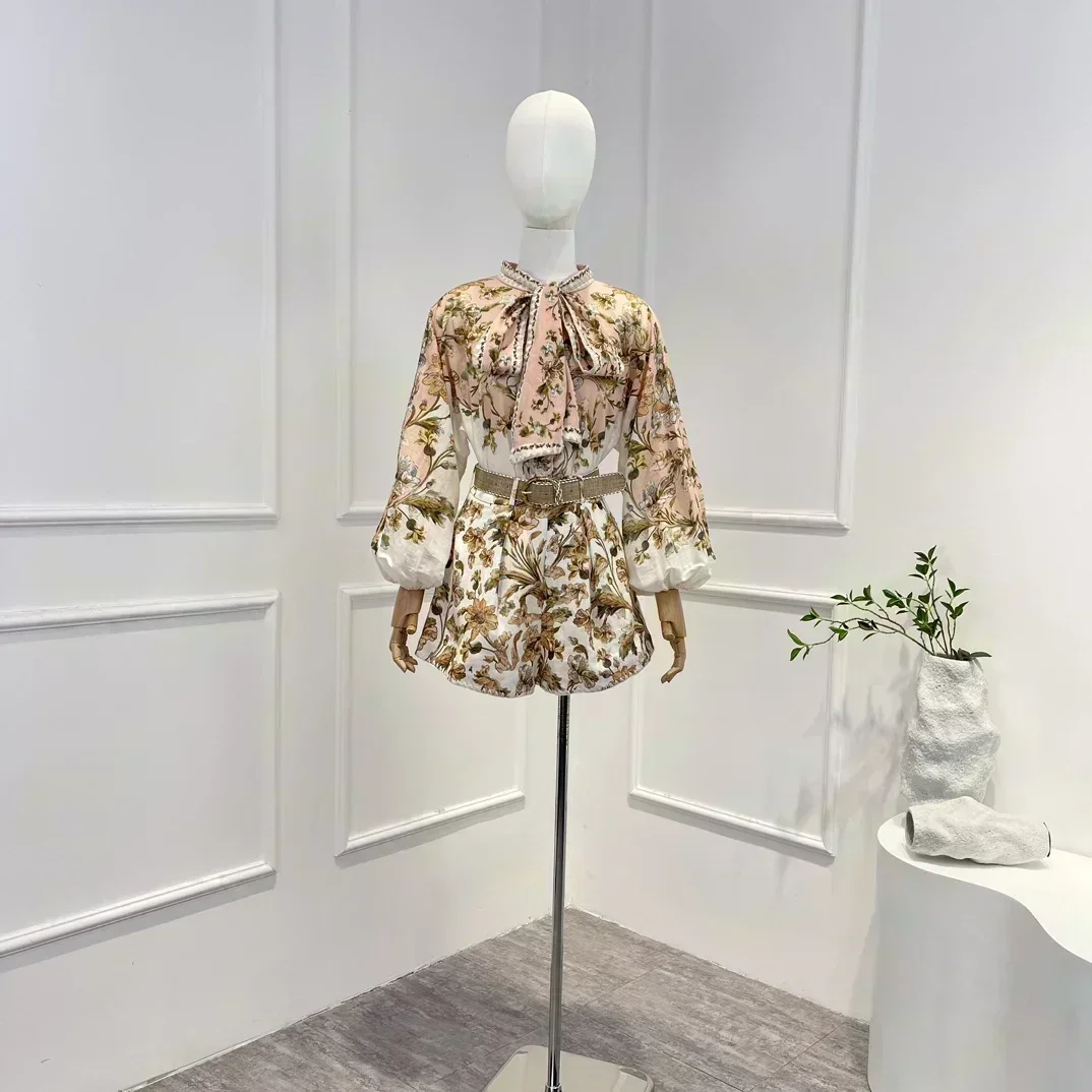 

2023 New top Quality Ramie Linen Vintage Floral Print Lace-up Lantern Sleeve Blouse Frill Shells Skirt and Belt Shorts Woman Set