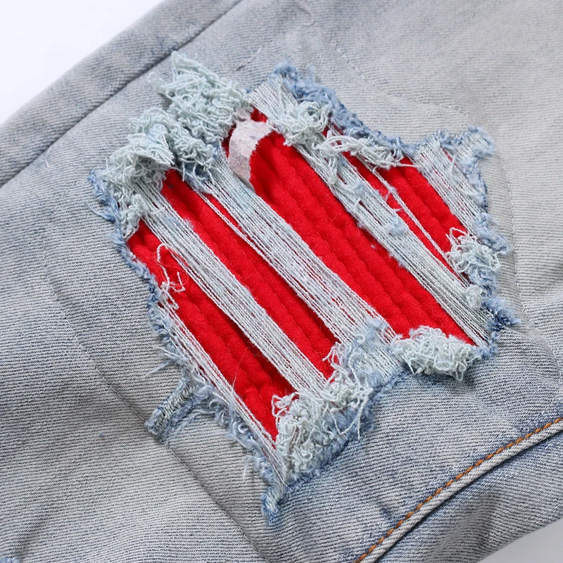 Street Fashion Men Jeans Retro Blue Stretch Skinny Fit Ripped Jeans Men Hole Red Patched Designer Hip Hop Brand Pants Hombre