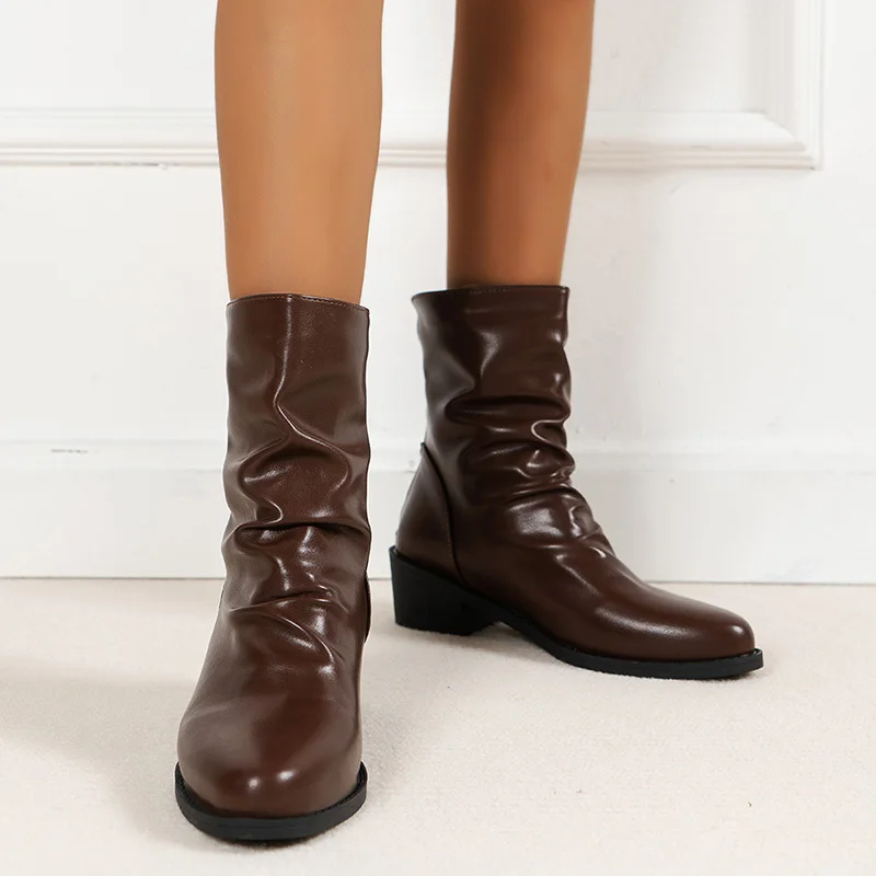 Pleated Leather Ankle Boots Women 2024 New Low Heels Fashion Boots for Woman Back Zipper Short Booties Plus Size 35-43 comfort