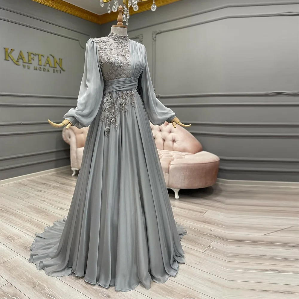 

Xijun Elegant Arabic Muslim Evening Dresses Long Sleeves High-Neck Beading 3D Flowers Lace Appliques A-Line Modest Prom Gowns