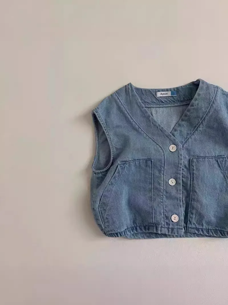 Spring New Baby Sleeveless Denim Vest Jacket Solid Infant Girl Cotton V-neck Vest Toddler Boy Fashion Casual Cardigan Coat