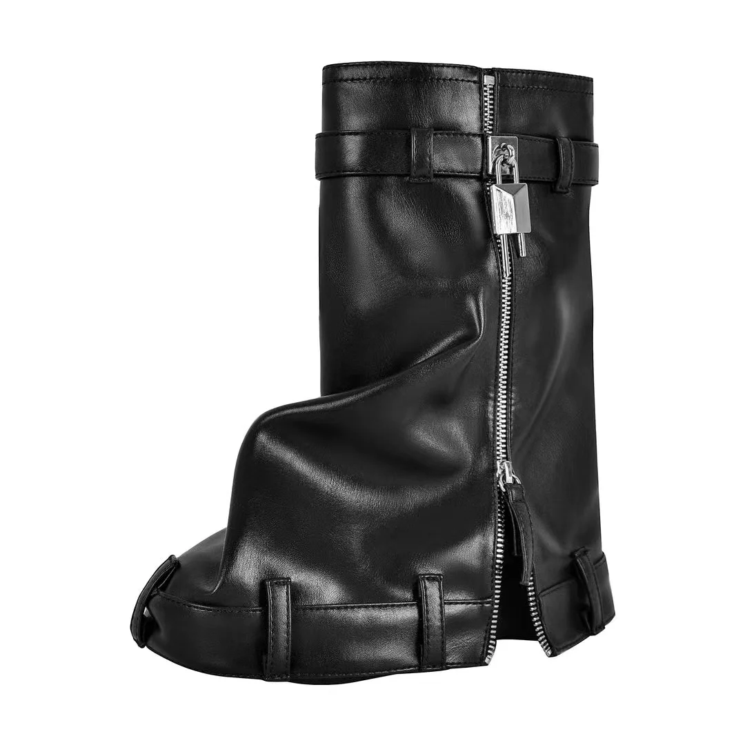 

Autumn Brand New Fashion Thick Sole Women's Short Boots Denim Metal Buckle Round Head Flat Bottom Elevated Wedge Heels Shoes