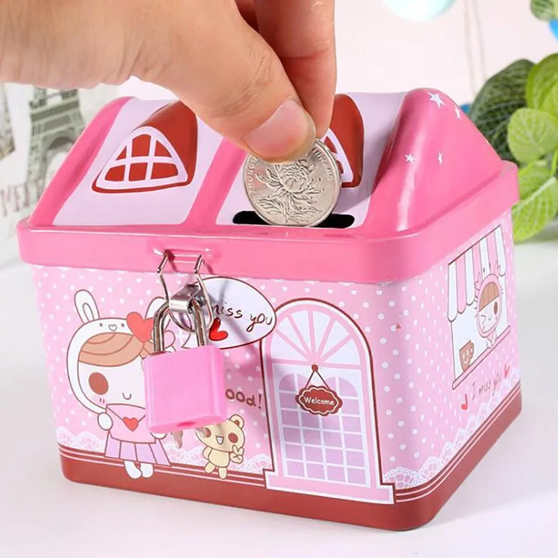 New Metal House Shape Piggy Bank Coin Safe Storage Box Child Piggy Banks Key Lock Money Box Creative Children Gift