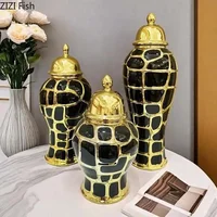 Black Checkered Pattern General Tank Golden Stripes Porcelain Ginger Jar Creative Vases Dresser Table Jewelry Cosmetic Container 2
