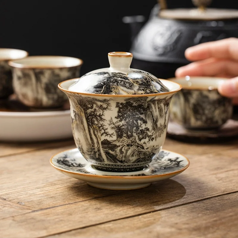 160ML Ru Kiln Landscape Porcelain Gaiwan Set tea set For Tea Tureen Teaware Cup Chinese Yellow Ceramic Opening Tea Bowls Ceremony